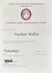 Nathan Millan’s Court of Master Sommelier Americas certificate. Cypress Coast Wine Group wine training, certification and experience can be trusted.